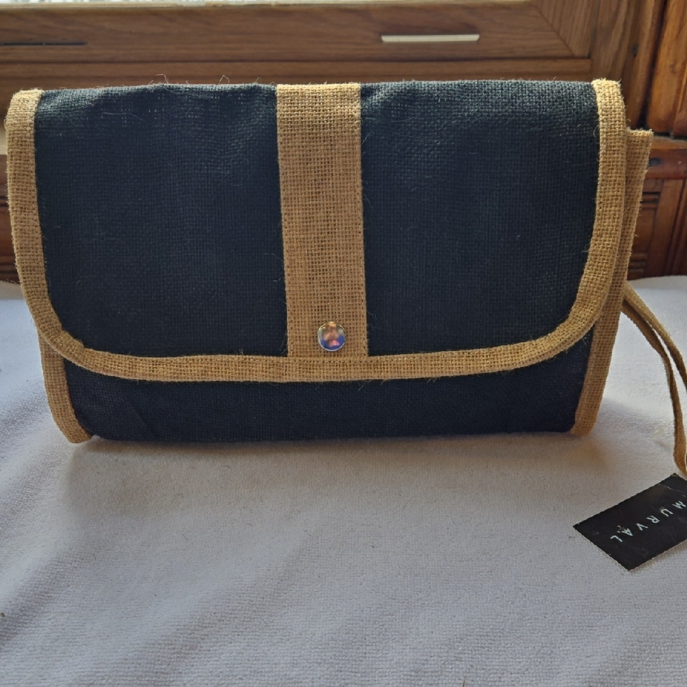 Murval Paris Black & Natural Jute Clutch / Wristlet - NWT